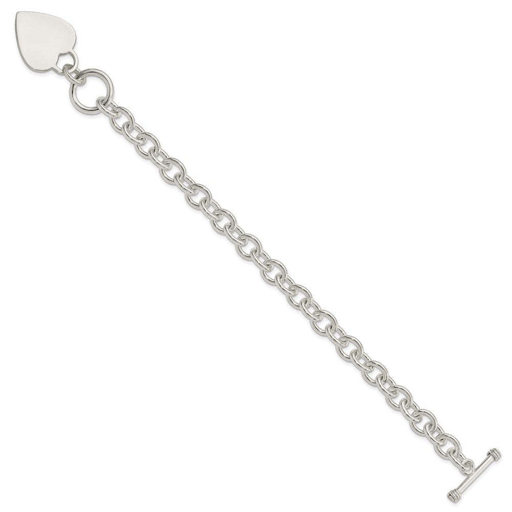 Sterling Silver Engravable 29x Heart Disc on Fancy Rolo Link Toggle Bracelet