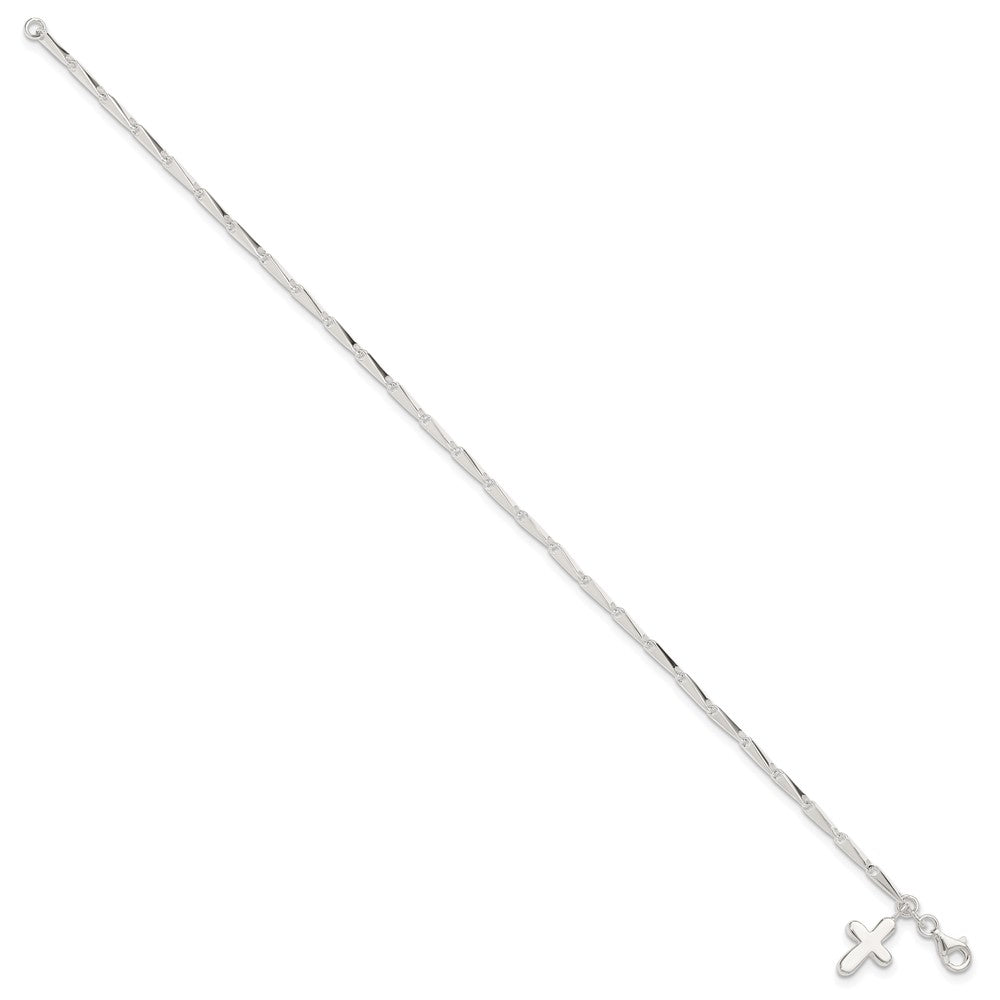 Sterling Silver Solid Polished Cross on Fancy Link Anklet