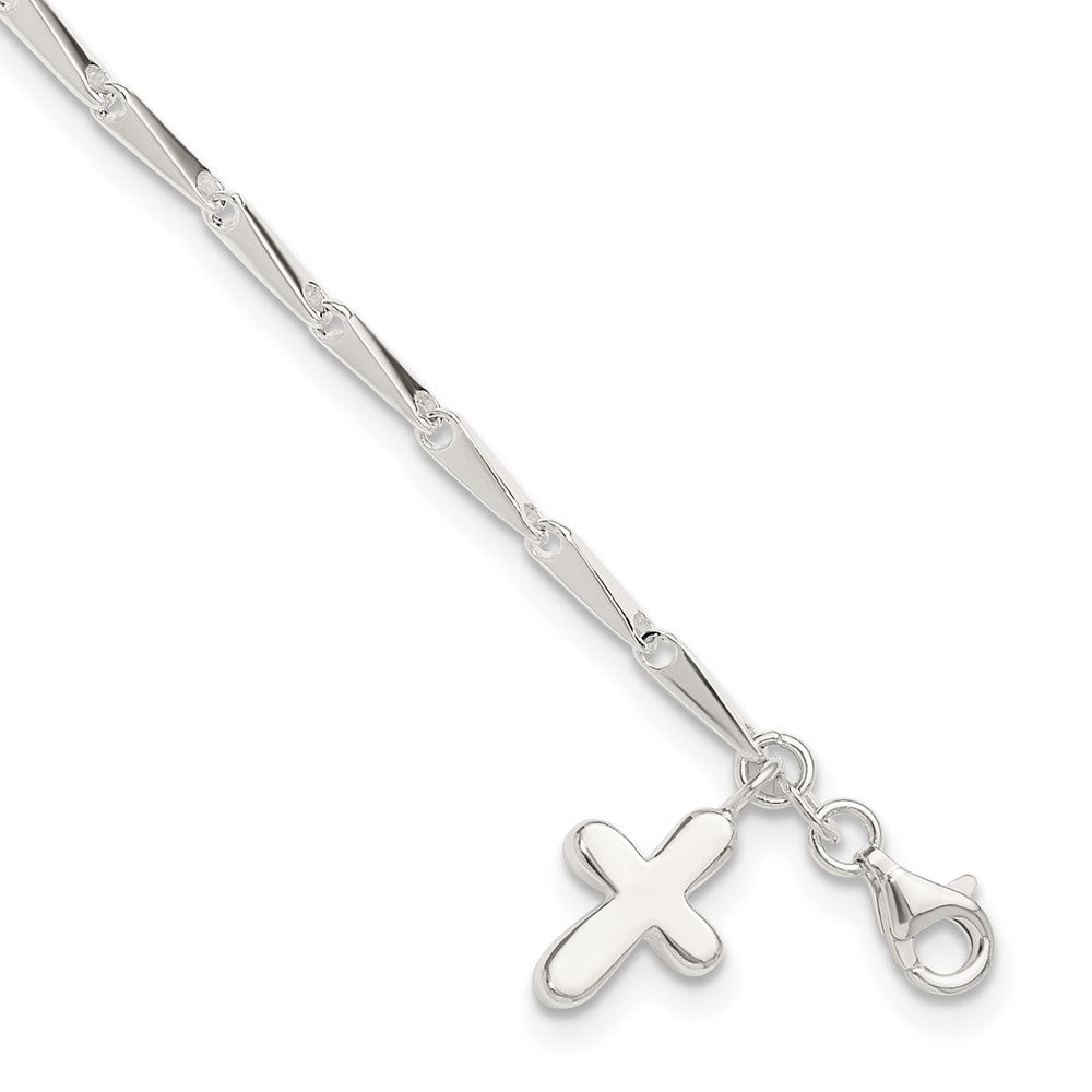 Sterling Silver Solid Polished Cross on Fancy Link Anklet