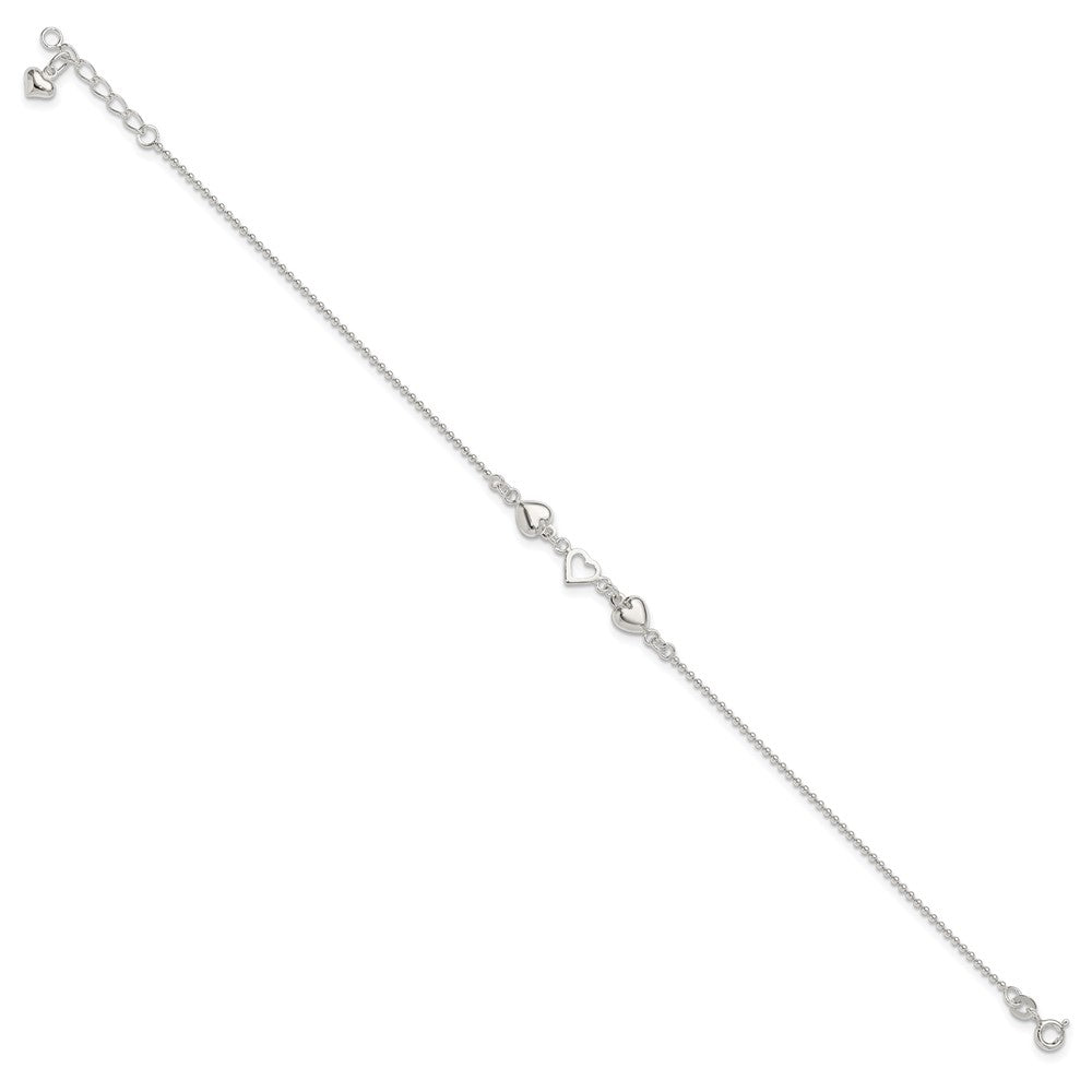 Sterling Silver Plus Ext Polished Hearts Anklet