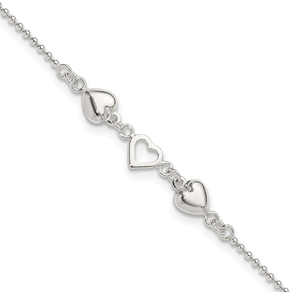 Sterling Silver Plus Ext Polished Hearts Anklet