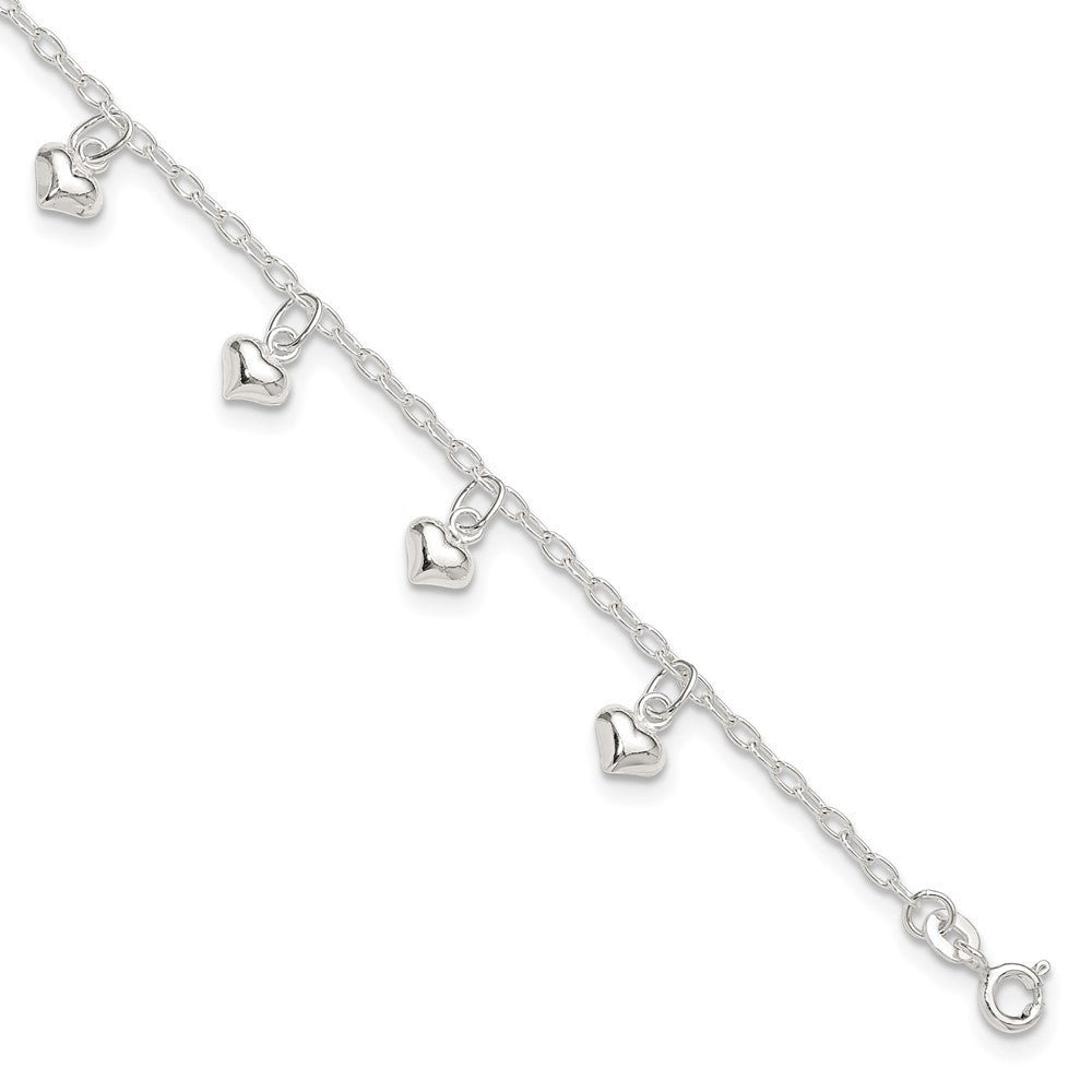 Sterling Silver Puffed Heart Charms Plus Extender - Total Anklet