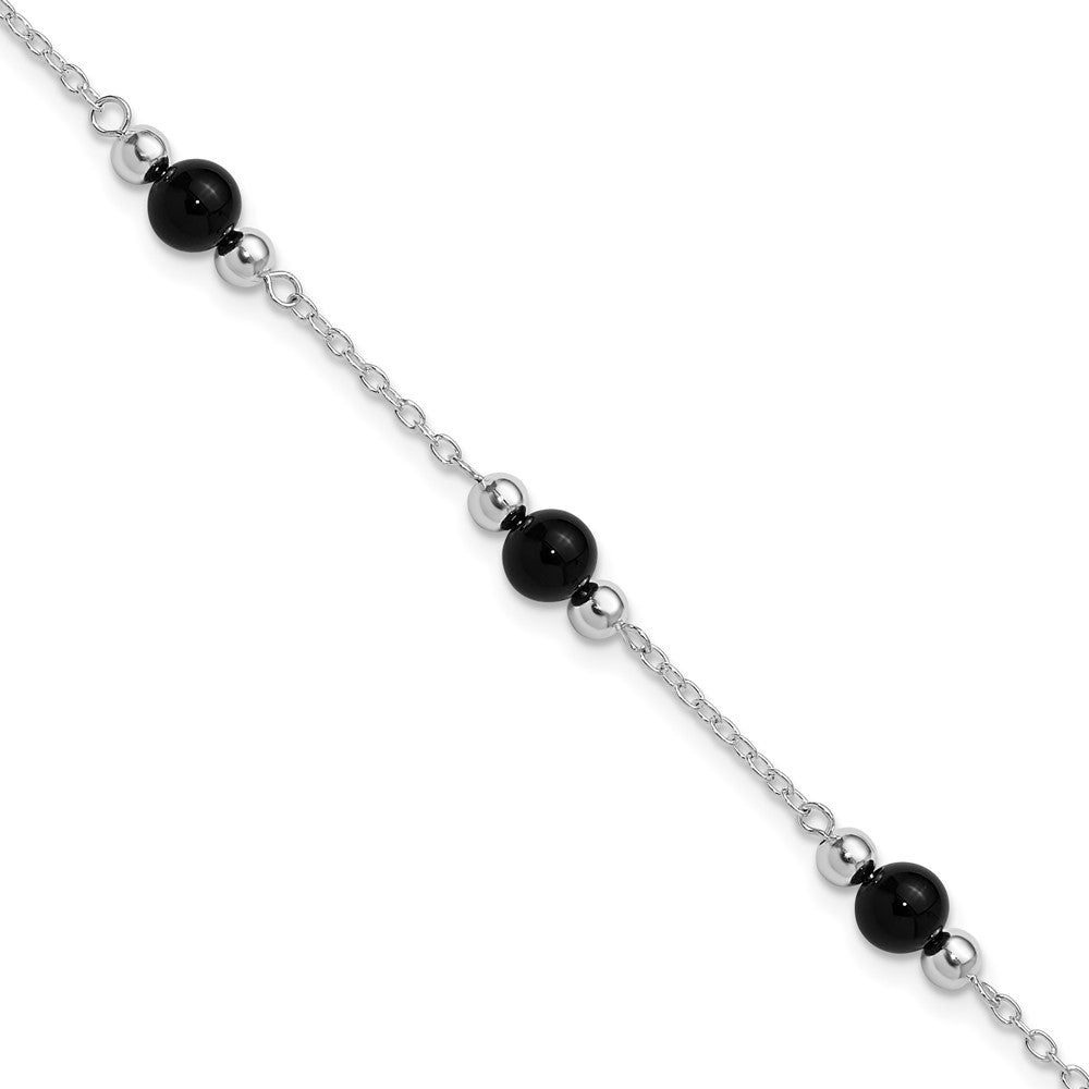 Sterling Silver Rhodium-plated Polished Onyx Anklet