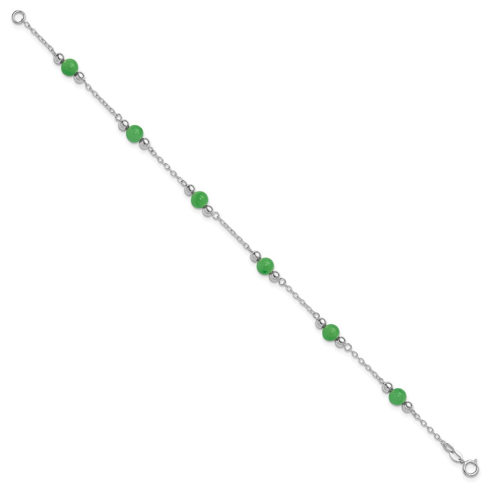 Sterling Silver Rhodium-plated Polished Green Jade Anklet