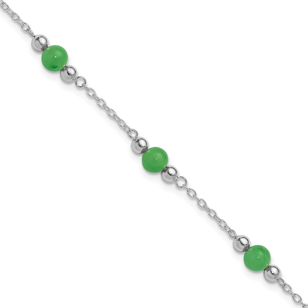 Sterling Silver Rhodium-plated Polished Green Jade Anklet