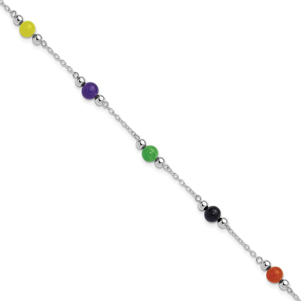 Sterling Silver Rhodium-plated Polished Multi-Color Jade Anklet