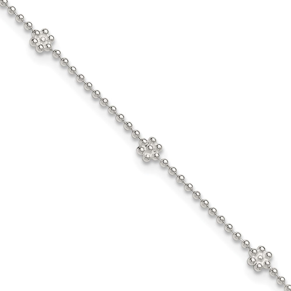 Sterling Silver Plus ext Polished Flower Anklet