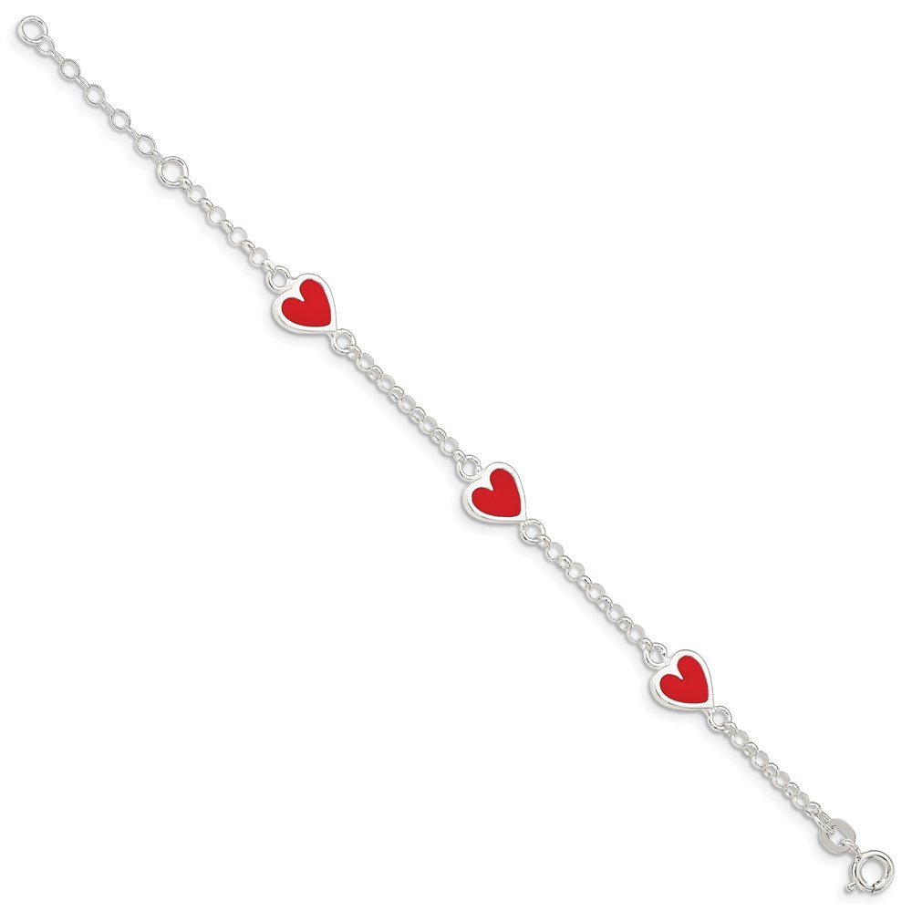 Sterling Silver Polished & Red Enamel Heart w/ ext Children's Bracelet
