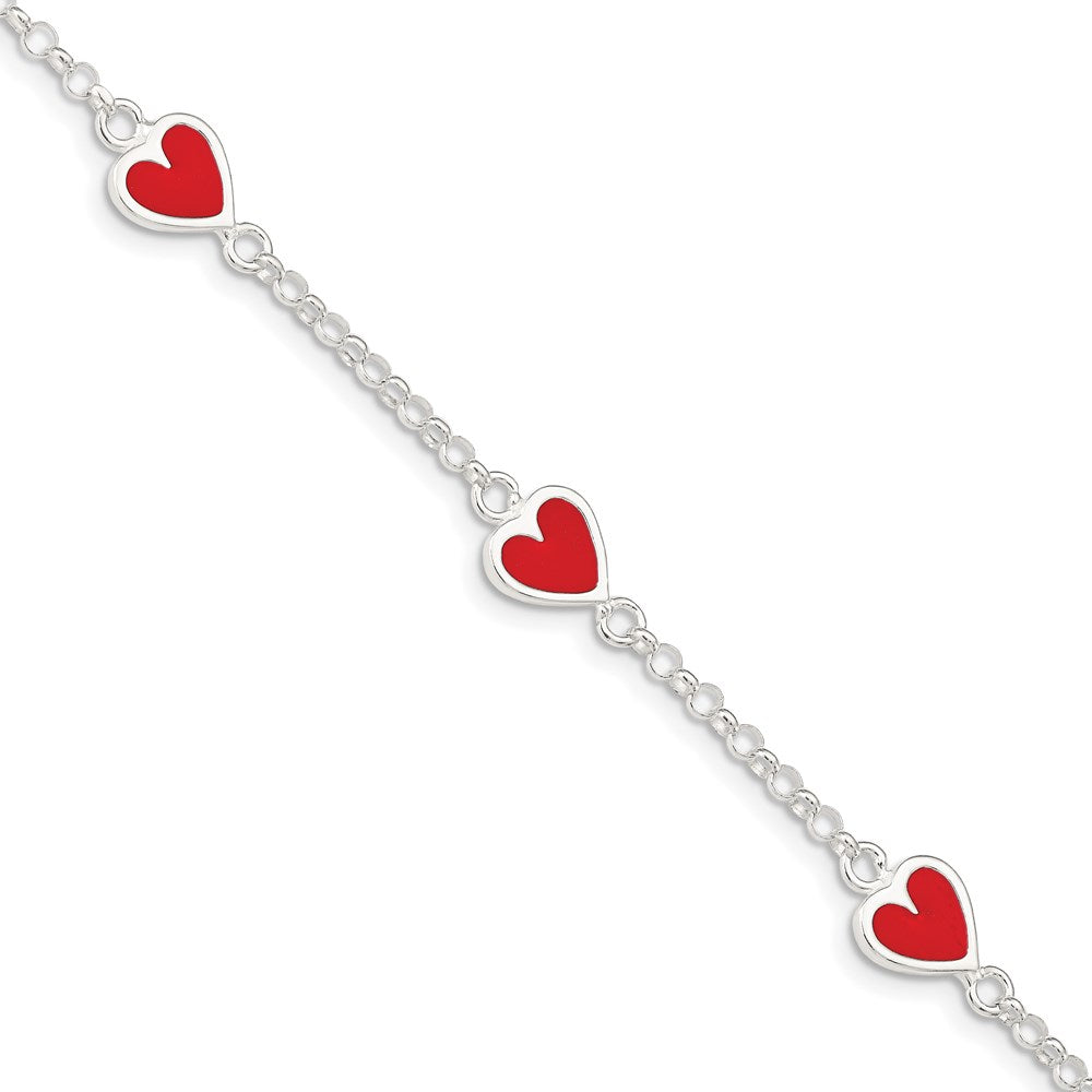 Sterling Silver Polished & Red Enamel Heart w/ ext Children's Bracelet