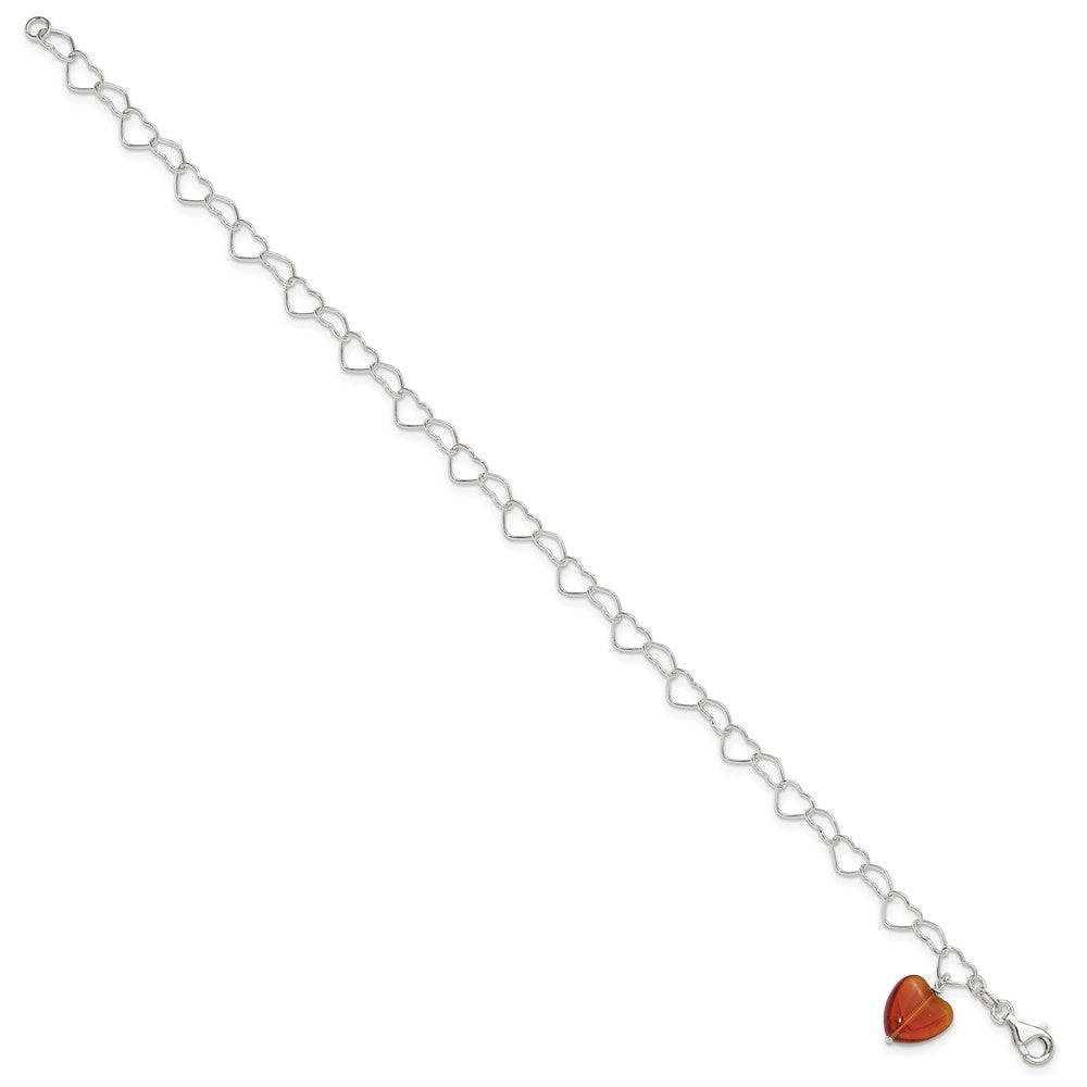 Sterling Silver Link Orange Synthetic Crystal Stone Heart Anklet