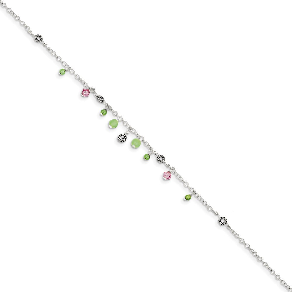 Sterling Silver Pink Crystal Green Quartz Peridot Beads Anklet