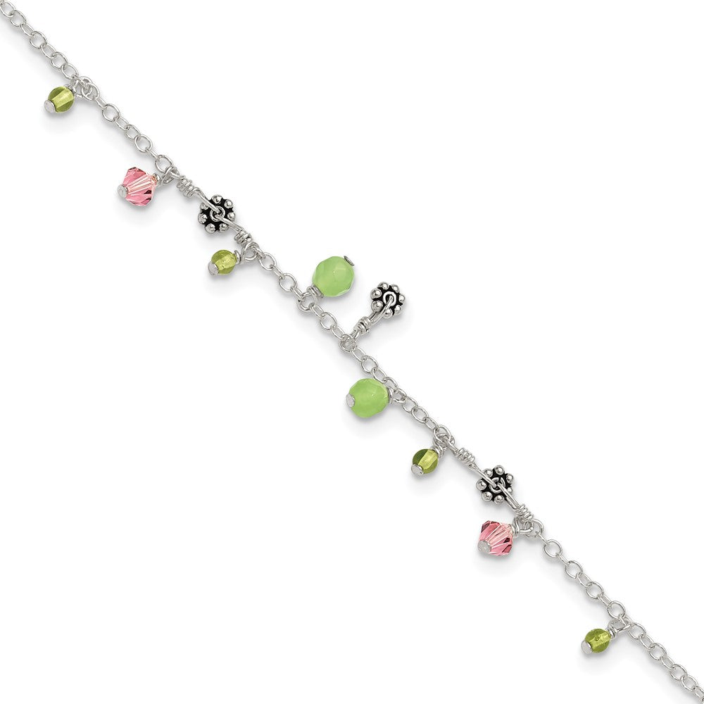 Sterling Silver Pink Crystal Green Quartz Peridot Beads Anklet