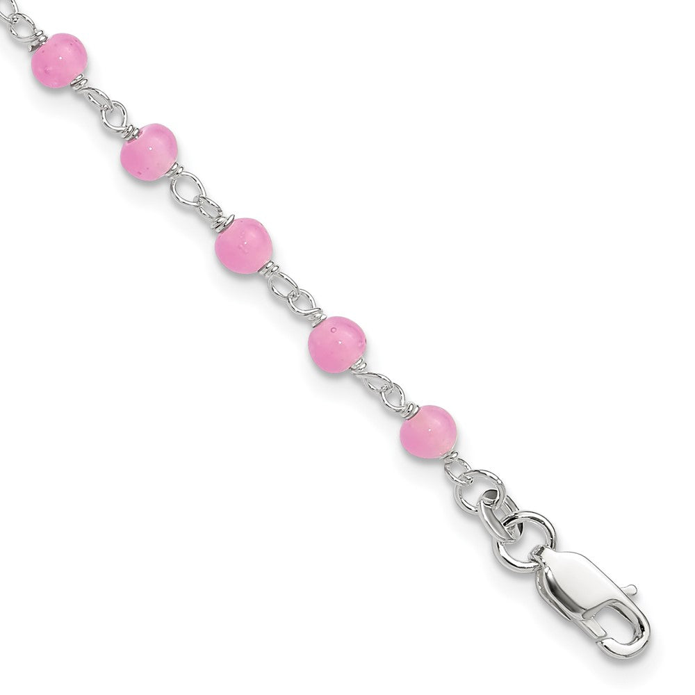 Sterling Silver Pink Glass Bead with Heart Plus ext Anklet