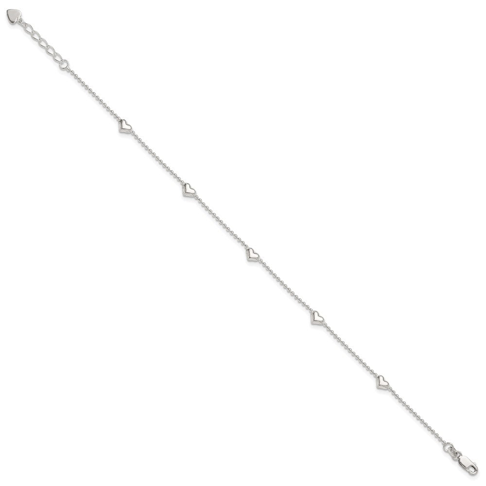 Sterling Silver Puffed Heart 5-Station Plus Extender - Total Anklet