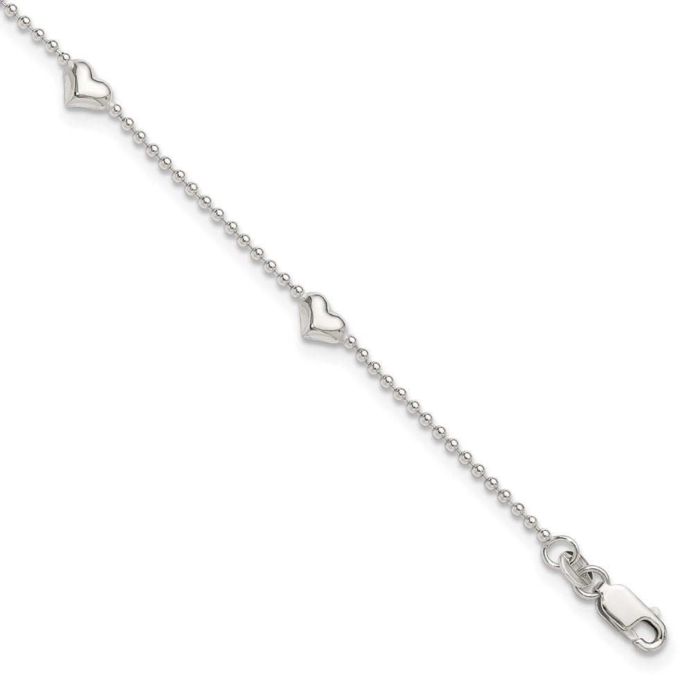 Sterling Silver Puffed Heart 5-Station Plus Extender - Total Anklet