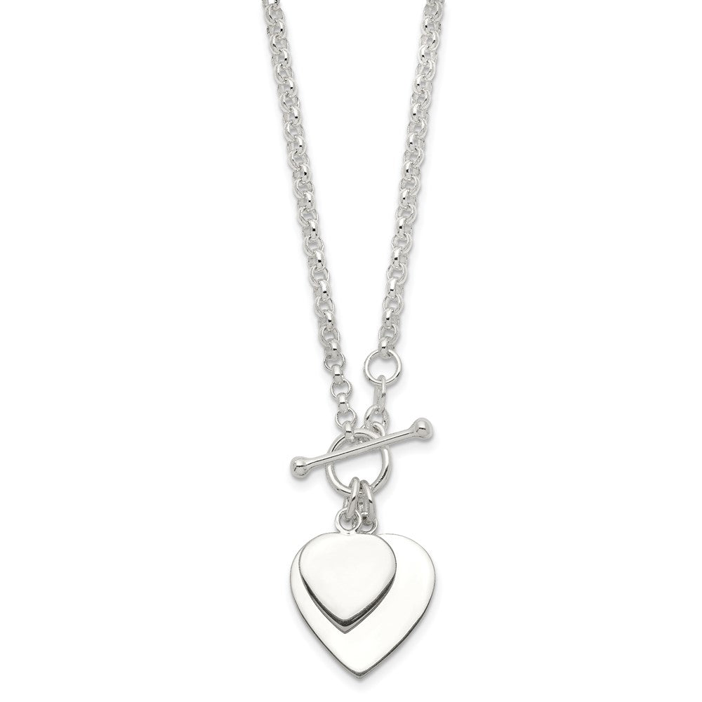 Sterling Silver Polished Engravable Double Heart Toggle Necklace