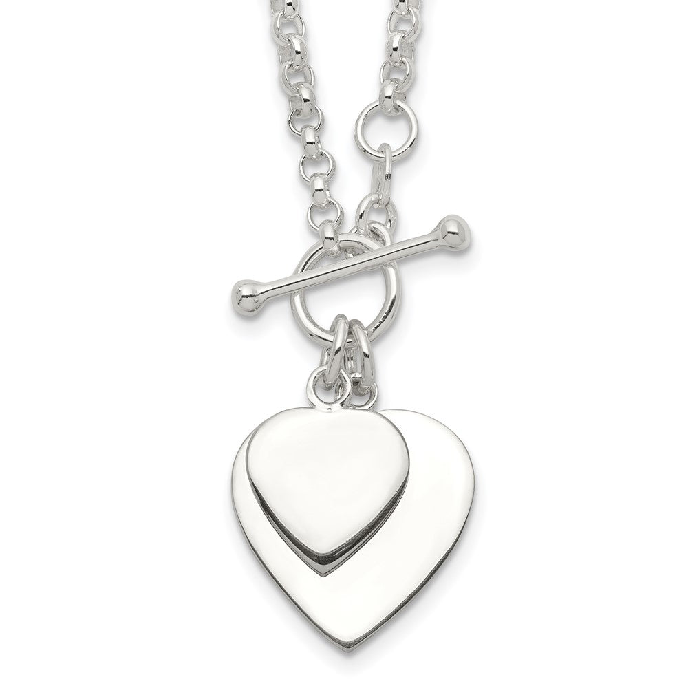 Sterling Silver Polished Engravable Double Heart Toggle Necklace