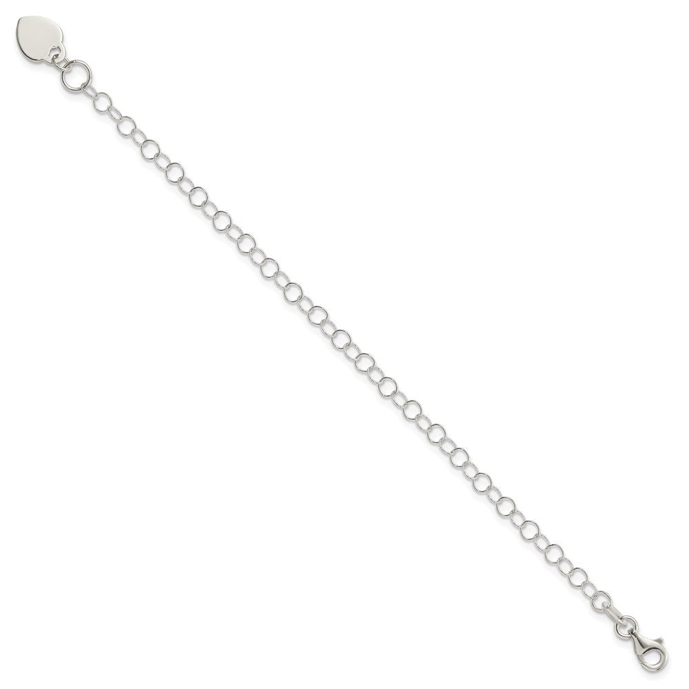 Sterling Silver Round Link with Heart Dangle Charm 6 Inch Bracelet