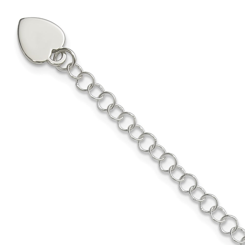 Sterling Silver Round Link with Heart Dangle Charm 7.25 Inch Bracelet