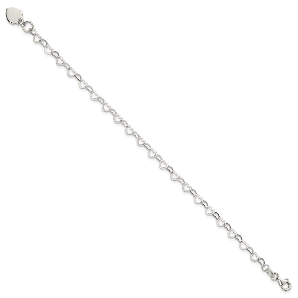 Sterling Silver Fancy Heart Link with Heart Dangle Charm 7.5 Inch Bracelet