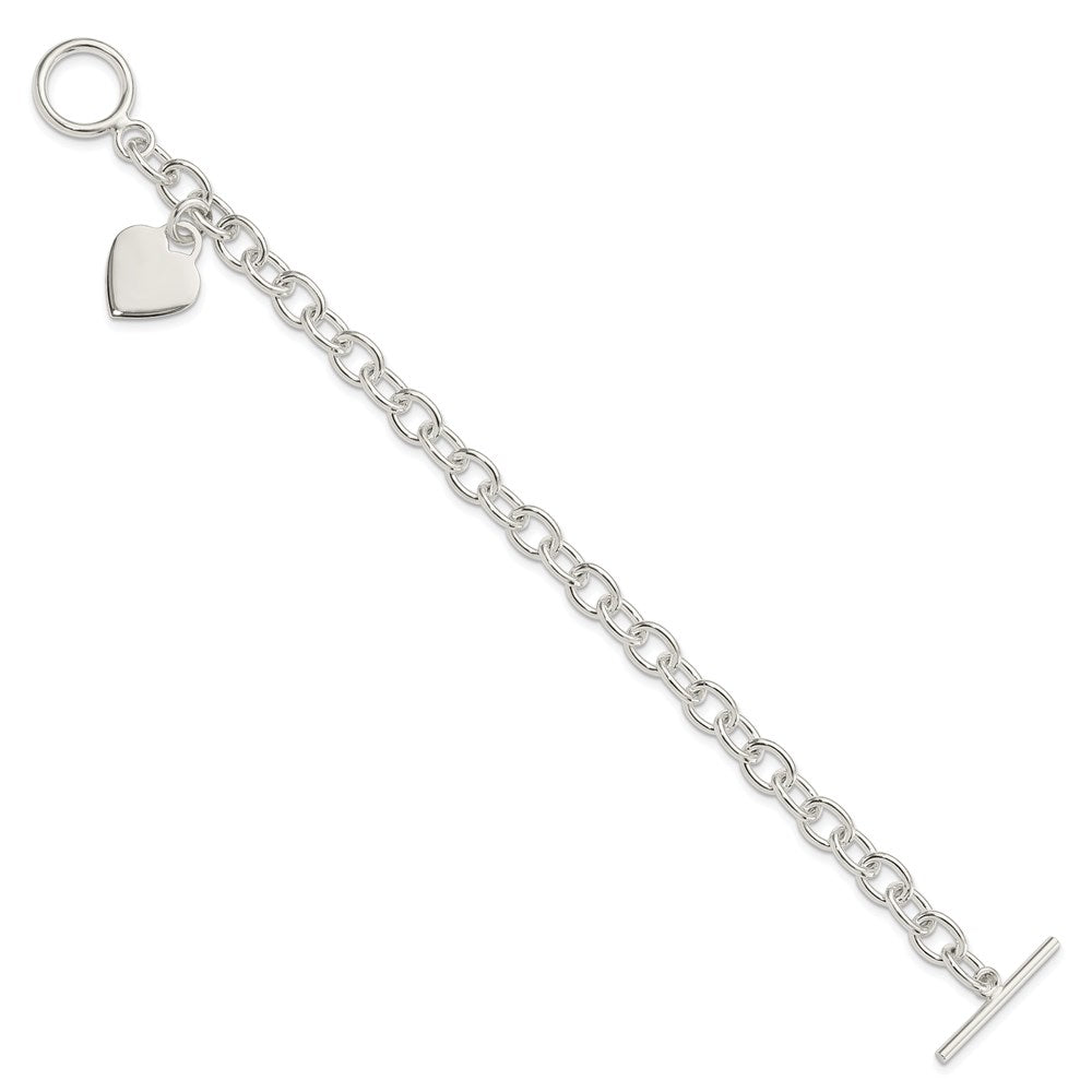 Sterling Silver Engravable 17x Heart Charm Cable Link Toggle Bracelet
