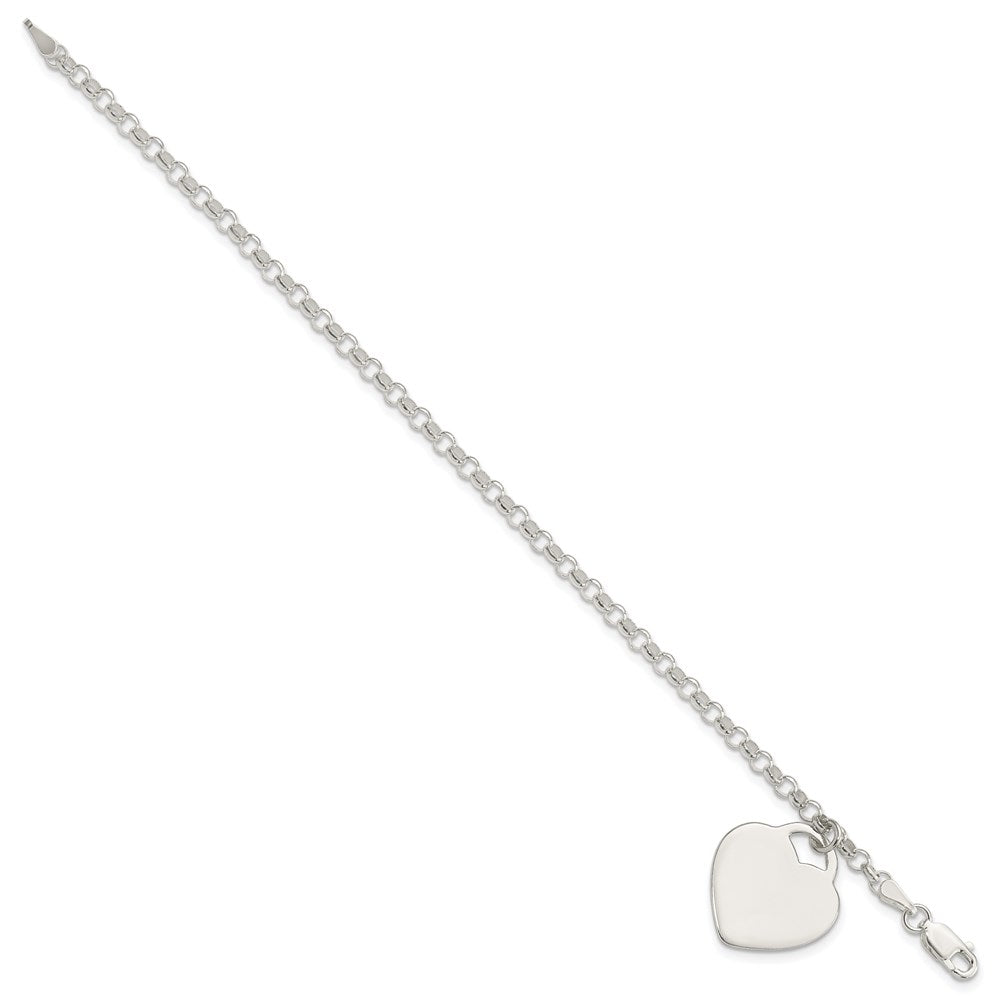 Sterling Silver Engravable 19x Heart Charm Rolo Link Bracelet