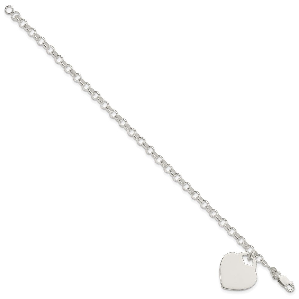 Sterling Silver Polished Engravable 19x Heart Charm Rolo Link Bracelet