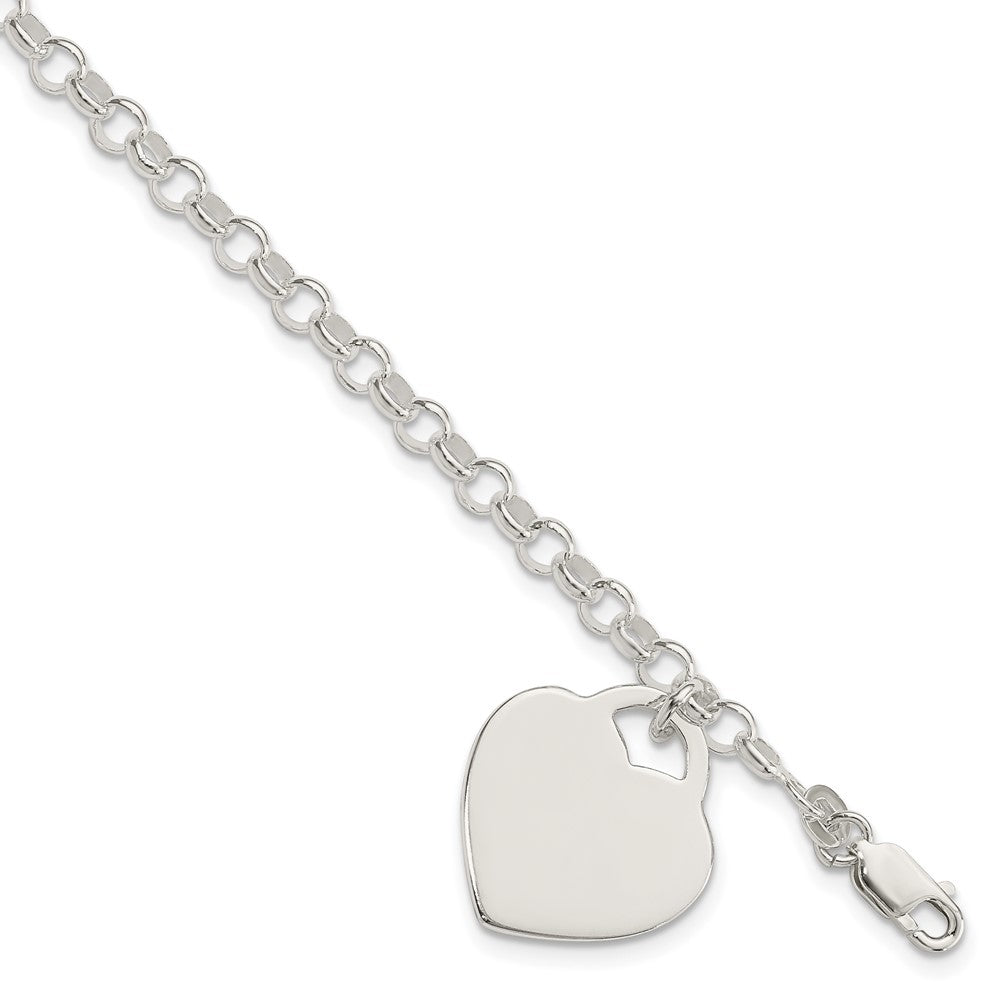 Sterling Silver Polished Engravable 19x Heart Charm Rolo Link Bracelet