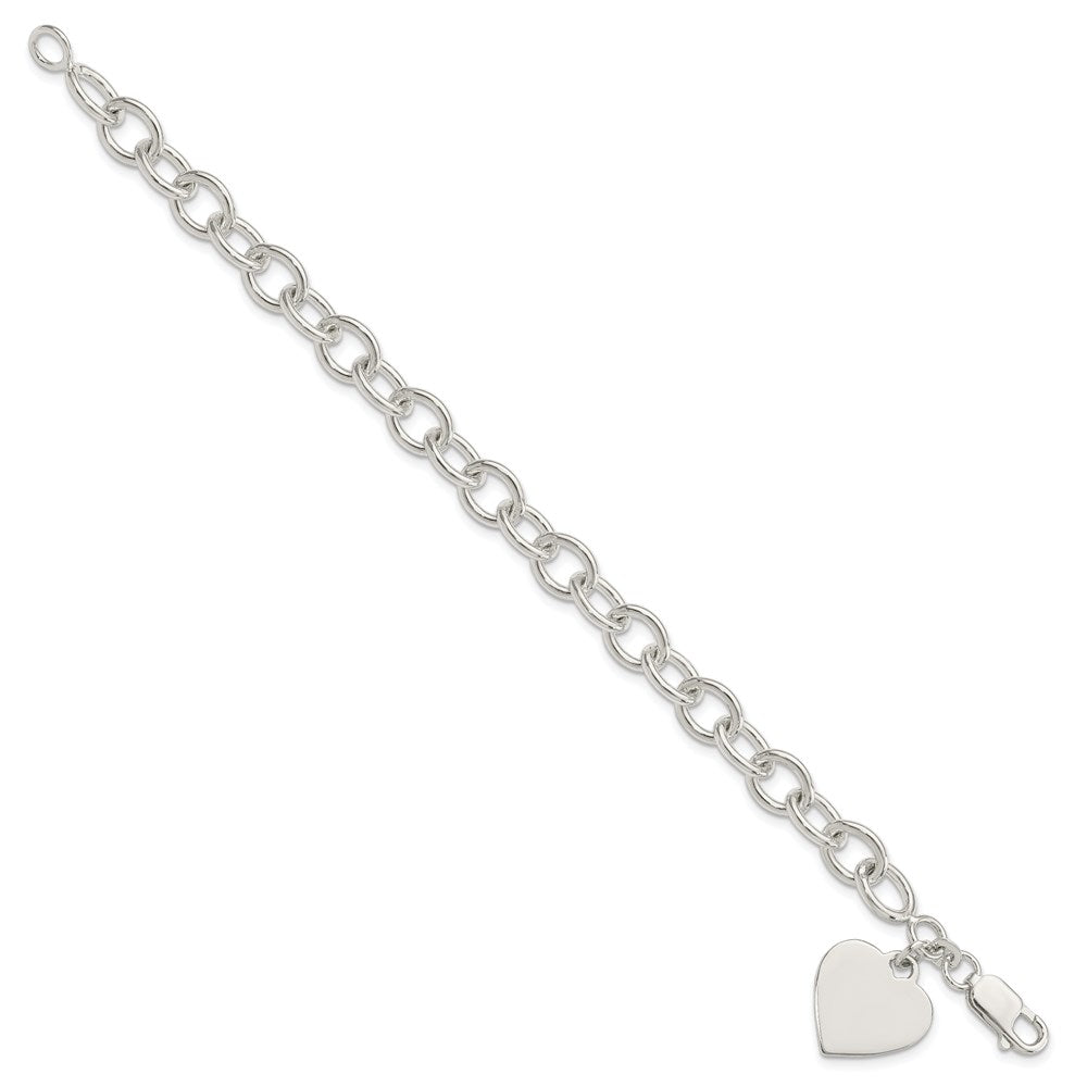 Sterling Silver Engravable 17x Heart Charm Fancy Cable Link Bracelet