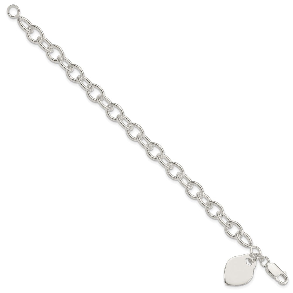 Sterling Silver Polished Engravable 17x Heart Charm Cable Link Bracelet