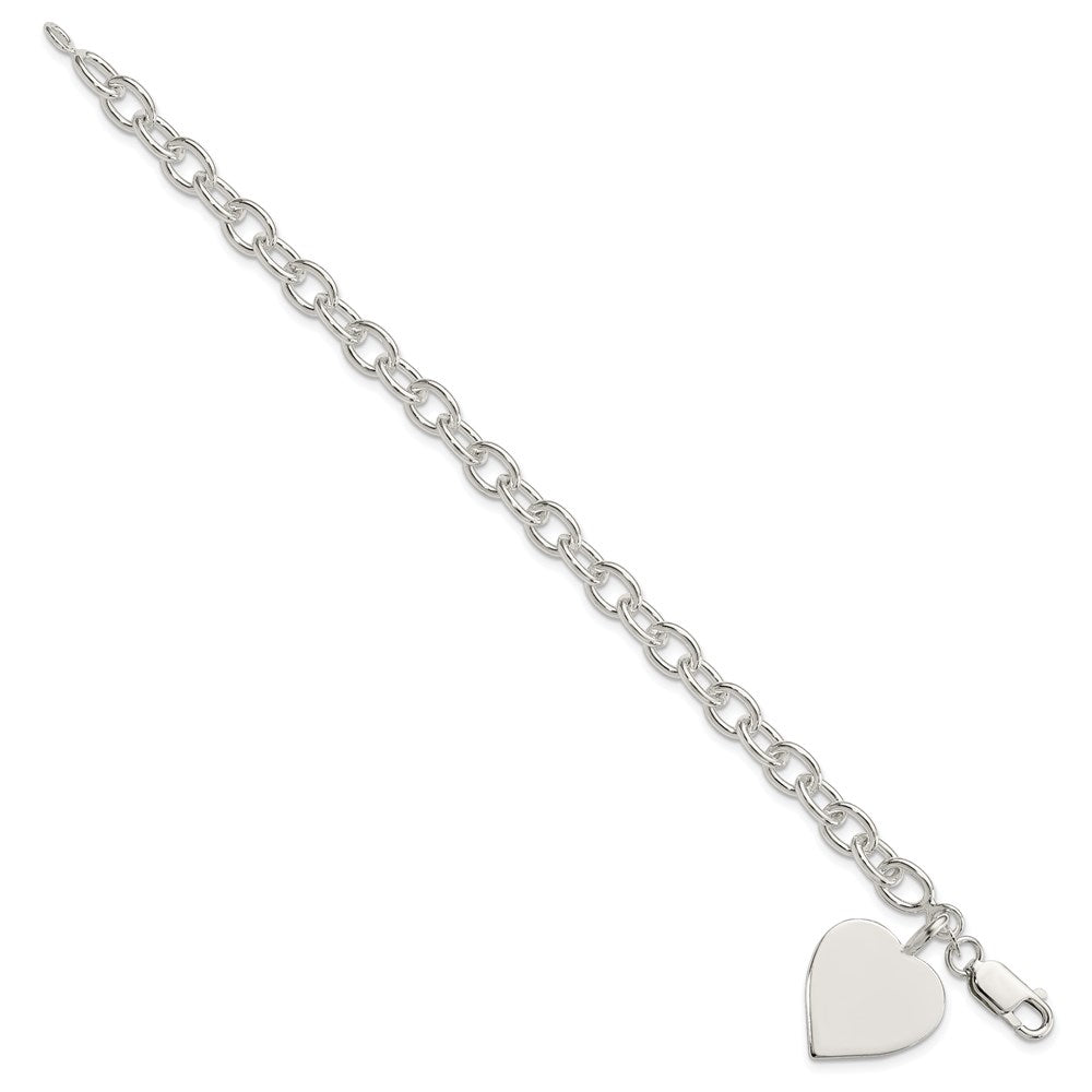 Sterling Silver Engravable Heart Charm Fancy Rolo Link Bracelet
