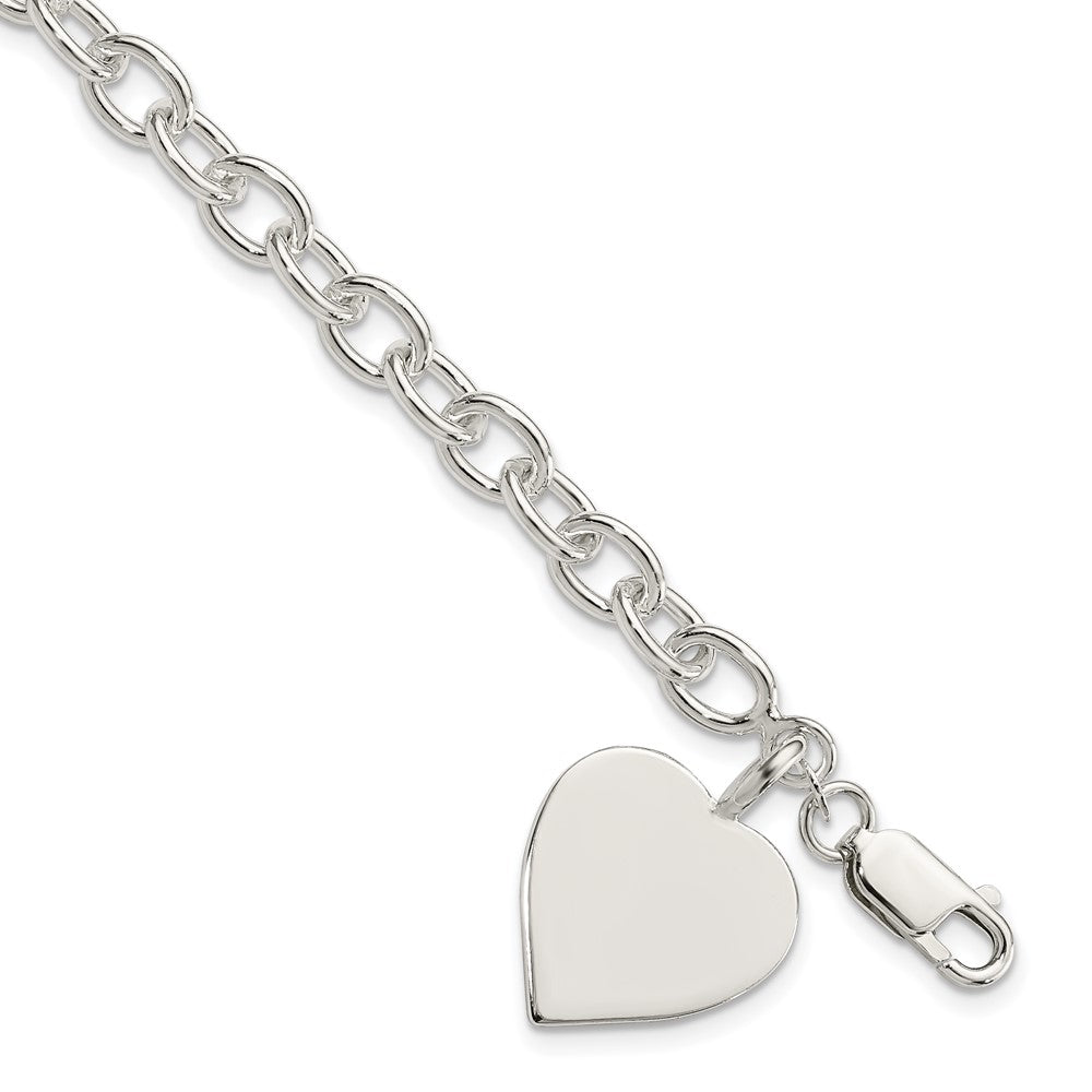 Sterling Silver Engravable Heart Charm Fancy Rolo Link Bracelet