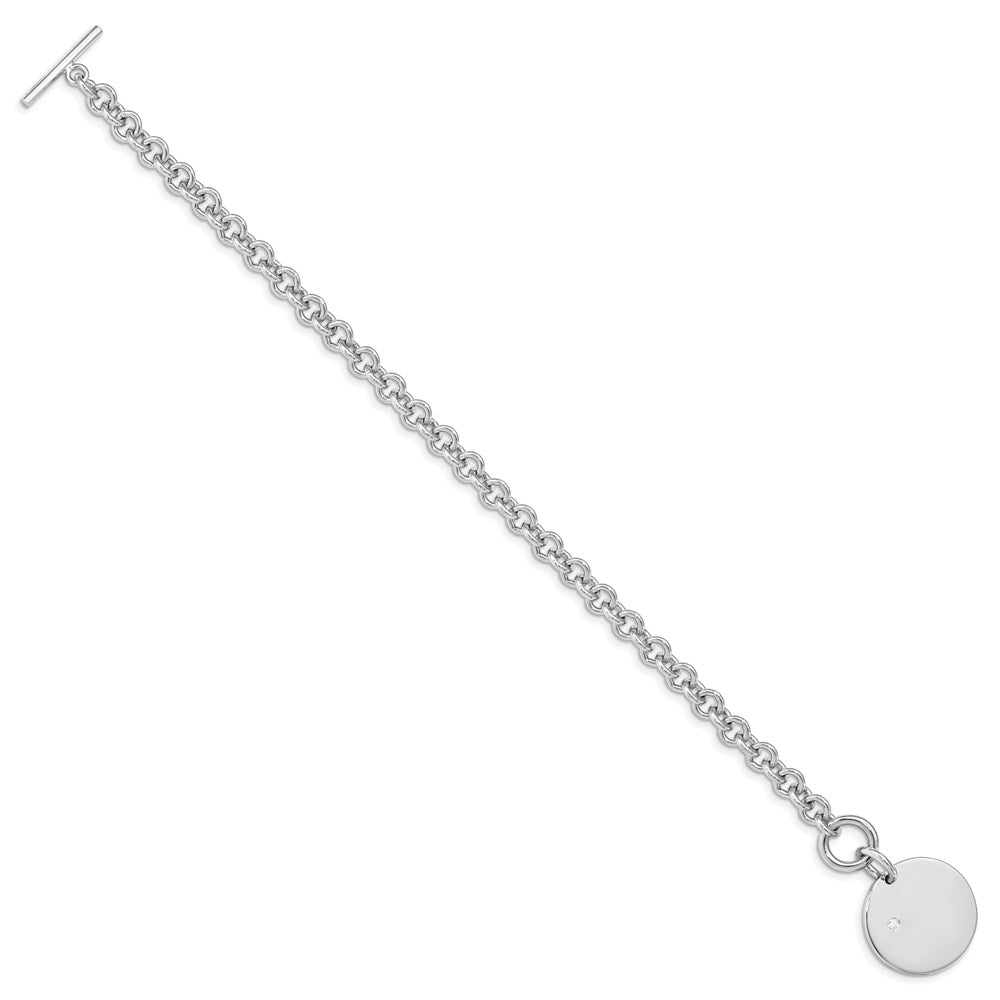 Sterling Silver Rhodium-plated .03ct Diamond Engravable Round Disc Rolo Link Toggle Bracelet