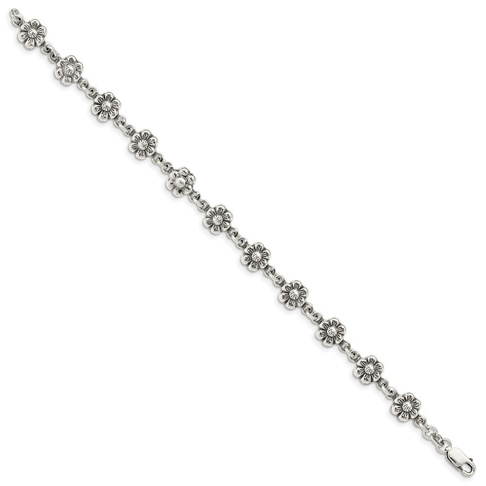 Sterling Silver Antiqued Flower Link Bracelet