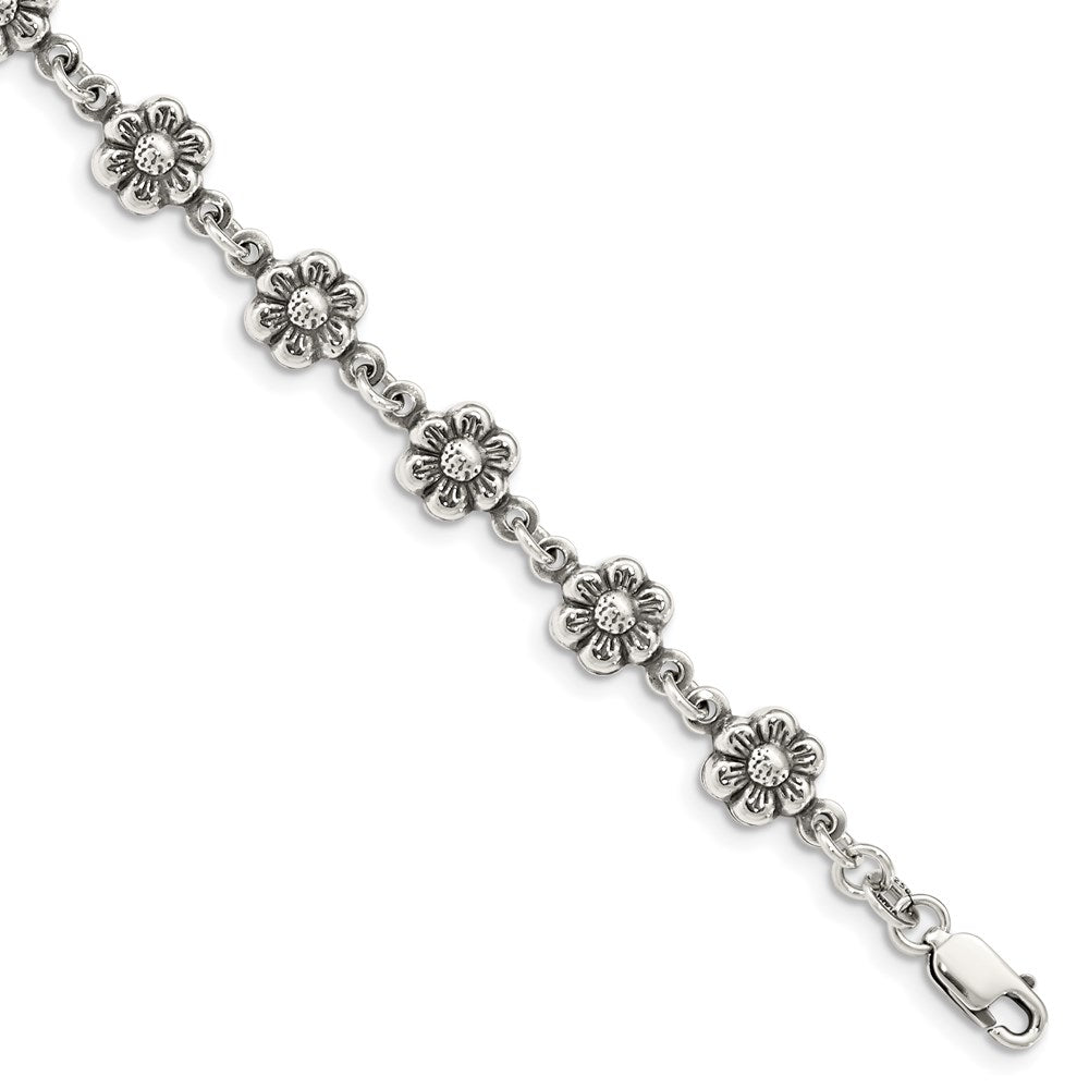 Sterling Silver Antiqued Flower Link Bracelet