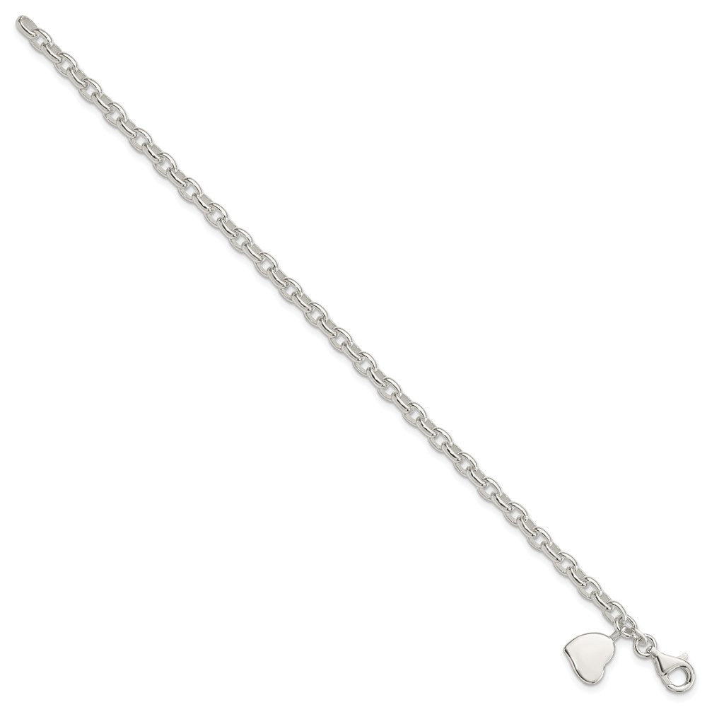 Sterling Silver Solid Engravable Heart Charm Oval Rolo Link Bracelet