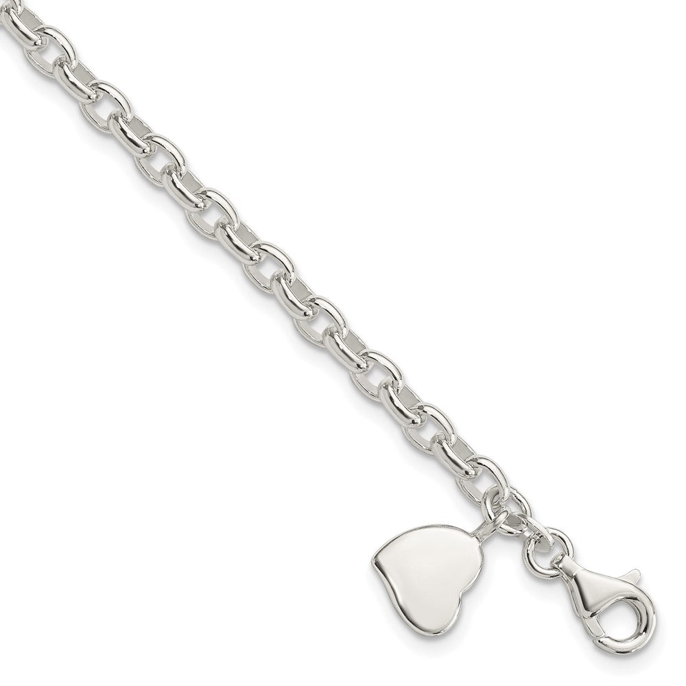 Sterling Silver Solid Engravable Heart Charm Oval Rolo Link Bracelet