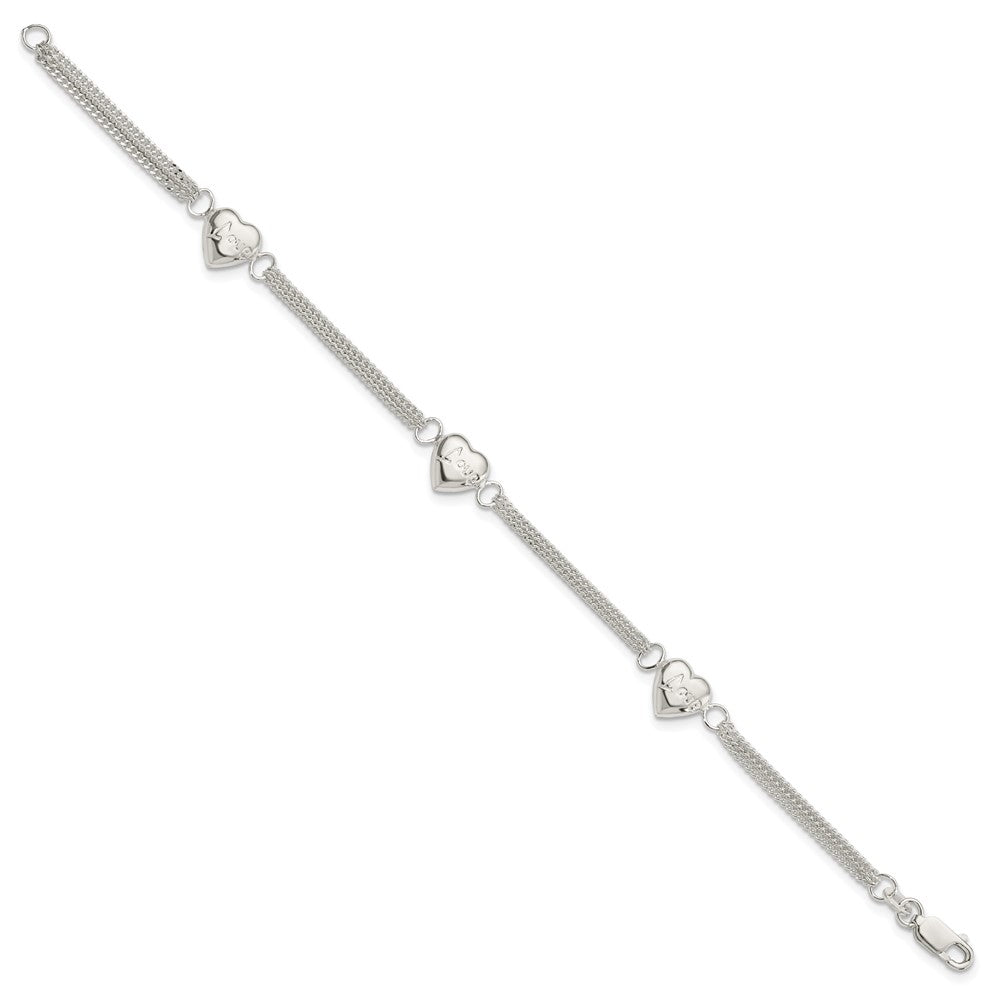 Sterling Silver Polished Multi-strand Hearts with LOVE Bracelet