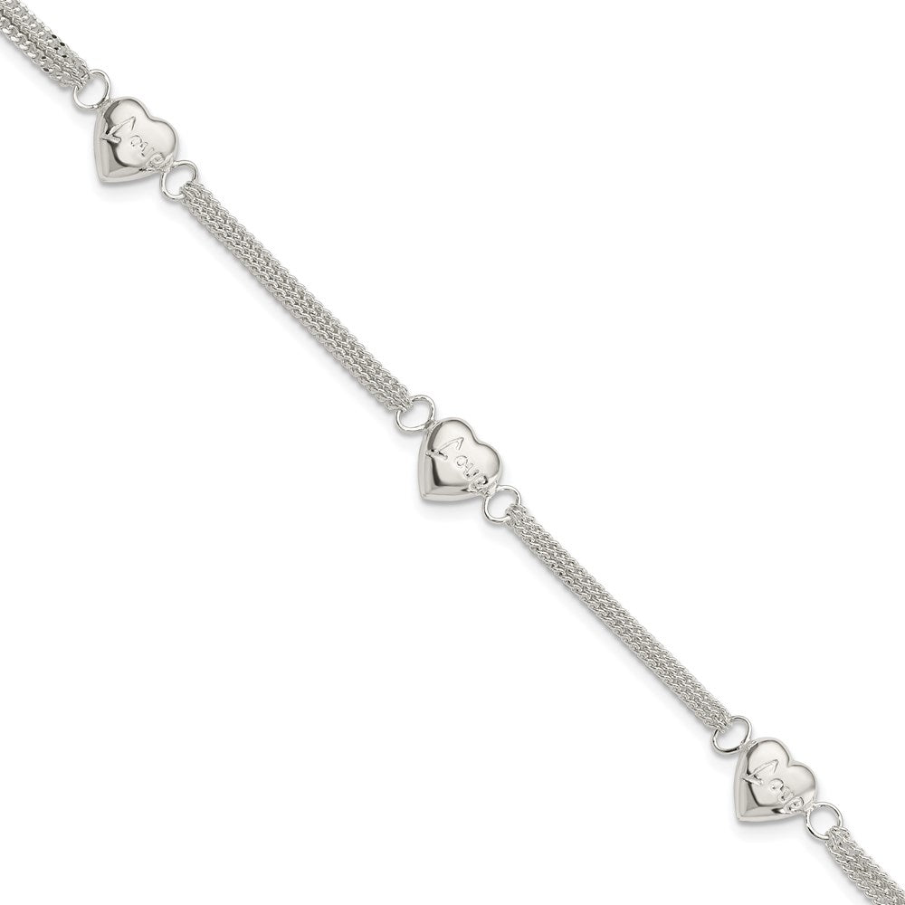 Sterling Silver Polished Multi-strand Hearts with LOVE Bracelet