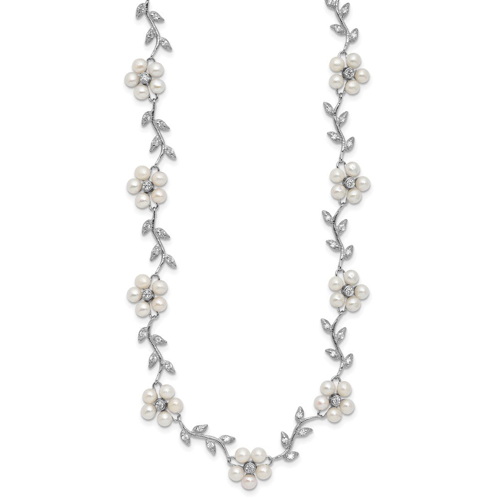 Sterling Silver Rhodium-plated CZ Vine Pattern and 3- White Semi-Round Freshwater Cultured Pearl Floral Necklace