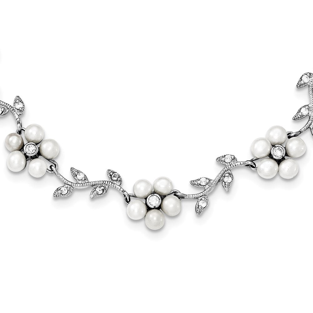 Sterling Silver Rhodium-plated CZ Vine Pattern and Fresheater Cultured Pearl Floral Necklace