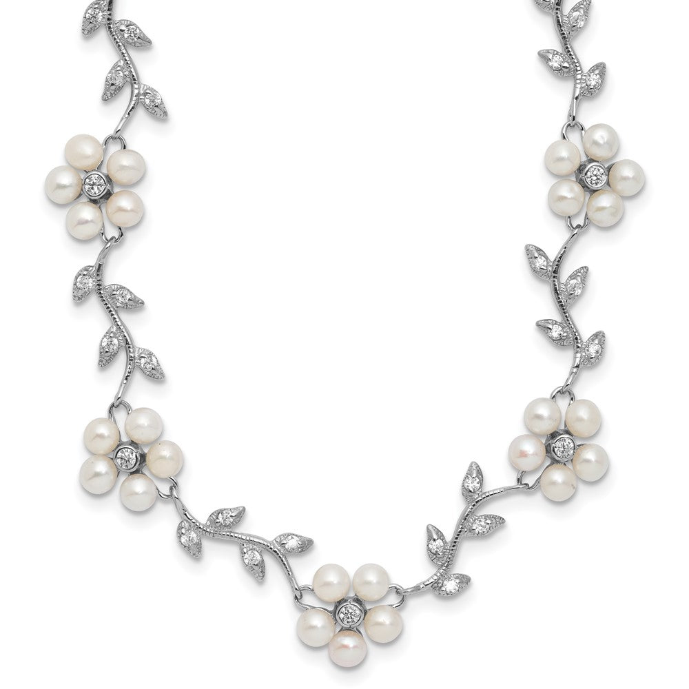 Sterling Silver Rhodium-plated CZ Vine Pattern and 3- White Semi-Round Freshwater Cultured Pearl Floral Necklace
