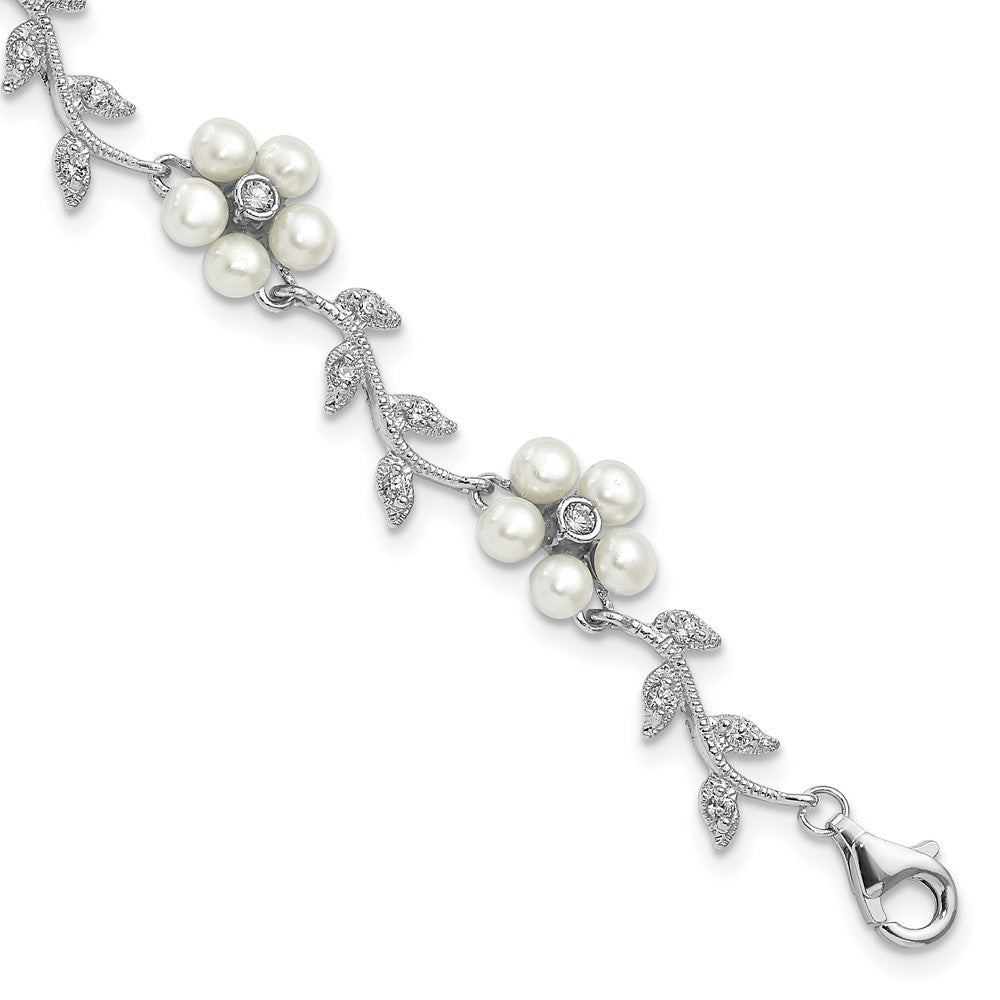 Sterling Silver Rhodium-plated CZ Vine Pattern and Fresheater Cultured Pearl Floral Bracelet