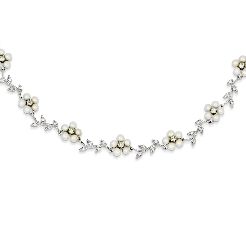 Sterling Silver Rhodium-plated CZ Vine Pattern and Fresheater Cultured Pearl Floral Necklace