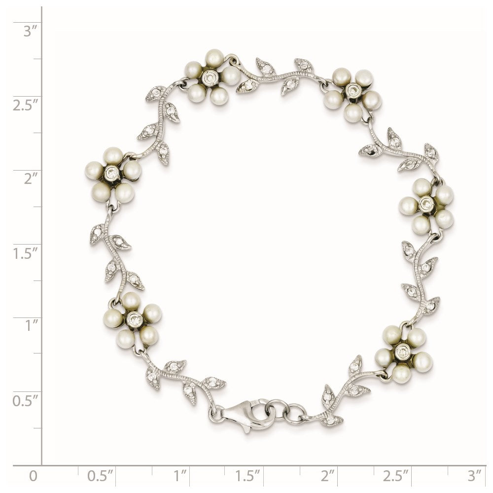 Sterling Silver Rhodium-plated CZ Vine Pattern and Fresheater Cultured Pearl Floral Bracelet