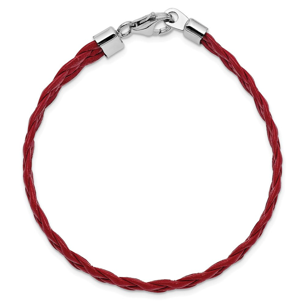 Sterling Silver Rhodium Plated Red Braided Leather Bracelet