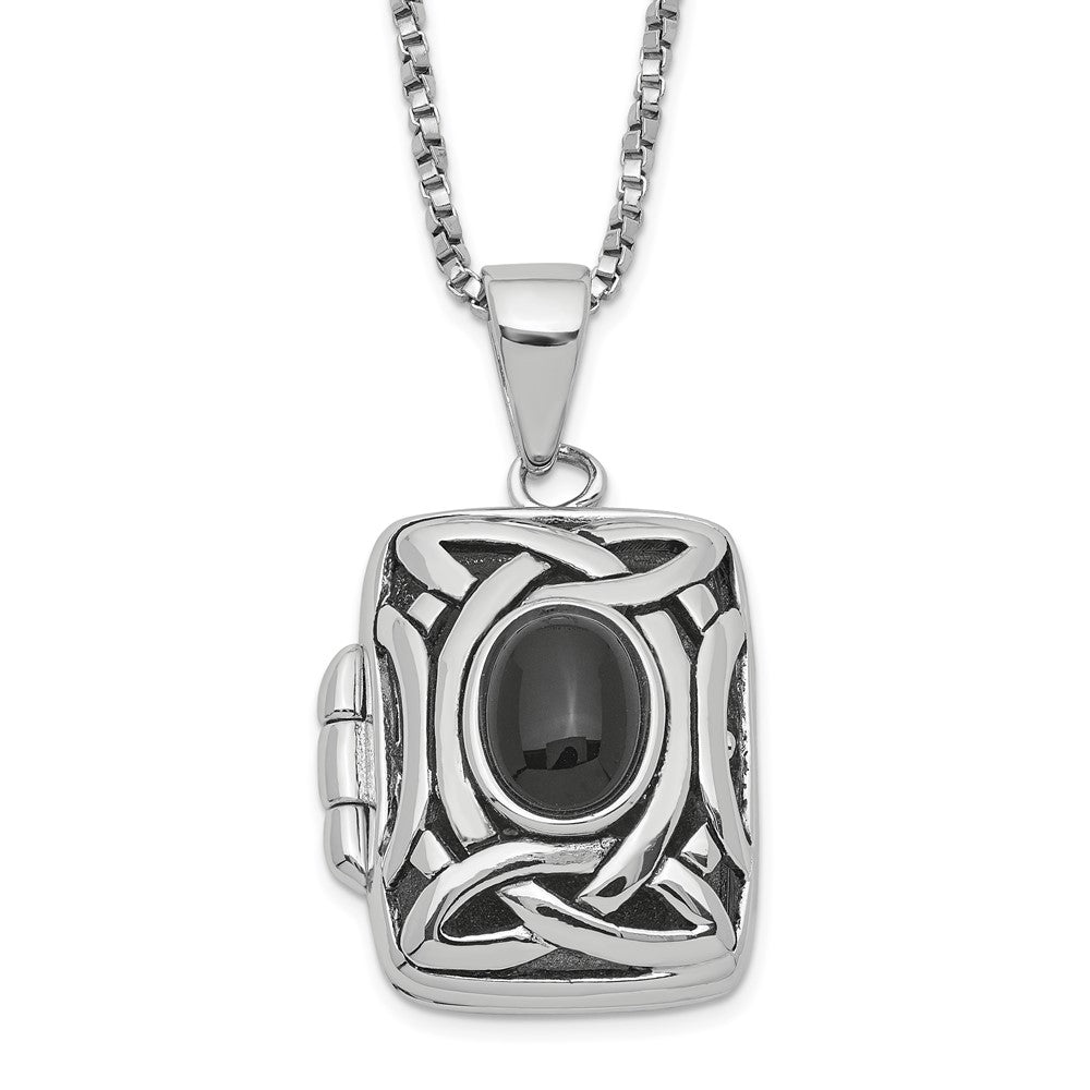 Sterling Silver Rhodium-plated Oval Onyx Rectangle Locket Necklace