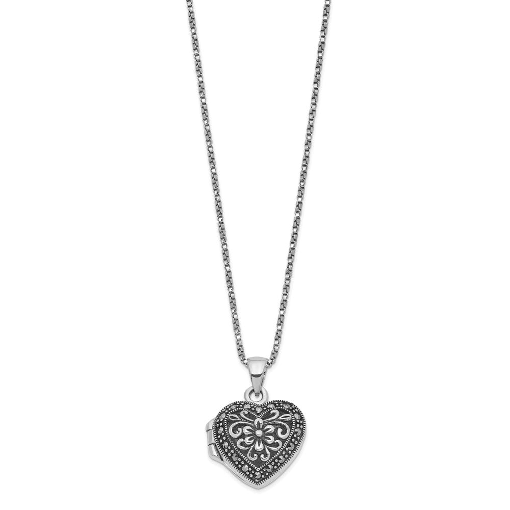 Sterling Silver Rhod-pltd Floral Marcasite Heart Locket Necklace