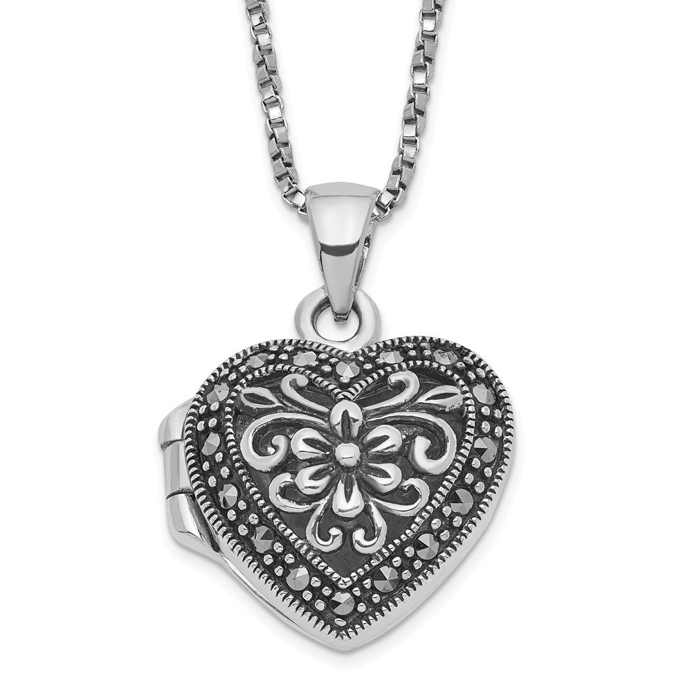 Sterling Silver Rhod-pltd Floral Marcasite Heart Locket Necklace