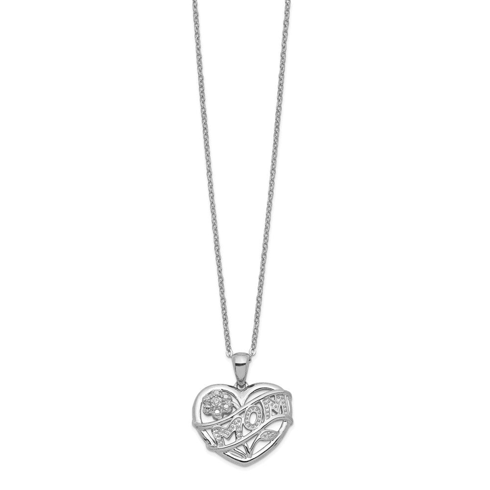Sterling Silver Rhodium-plated MOM in Heart with CZ Flower Necklace